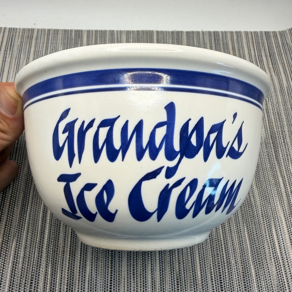 Clay Design Grandpas Ice Cream Bowl Ceramic White Blue Farmhouse Stoneware 7in